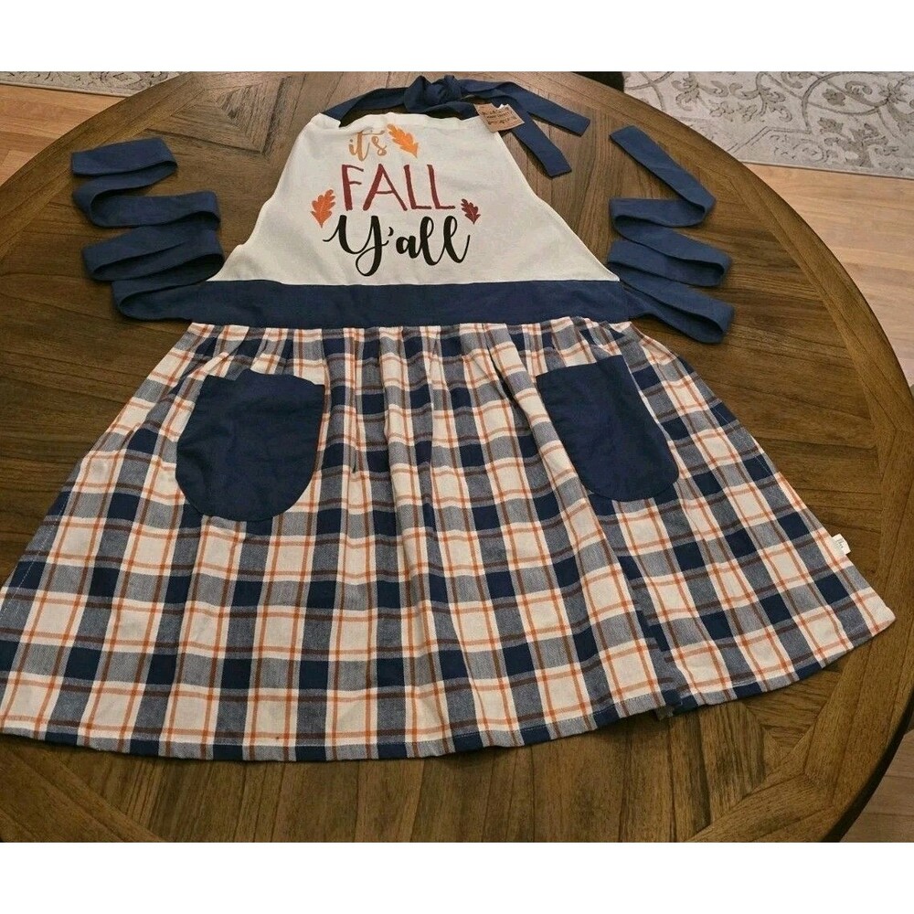 New Robert Stanley It’s Fall Y’all Plaid Cotton Apron Pockets NWT Thanksgiving